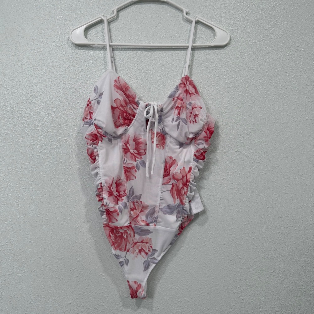 Rue21 Womens Floral Mesh Bustier Bodice Bodysuit White Pink Rose Size Large